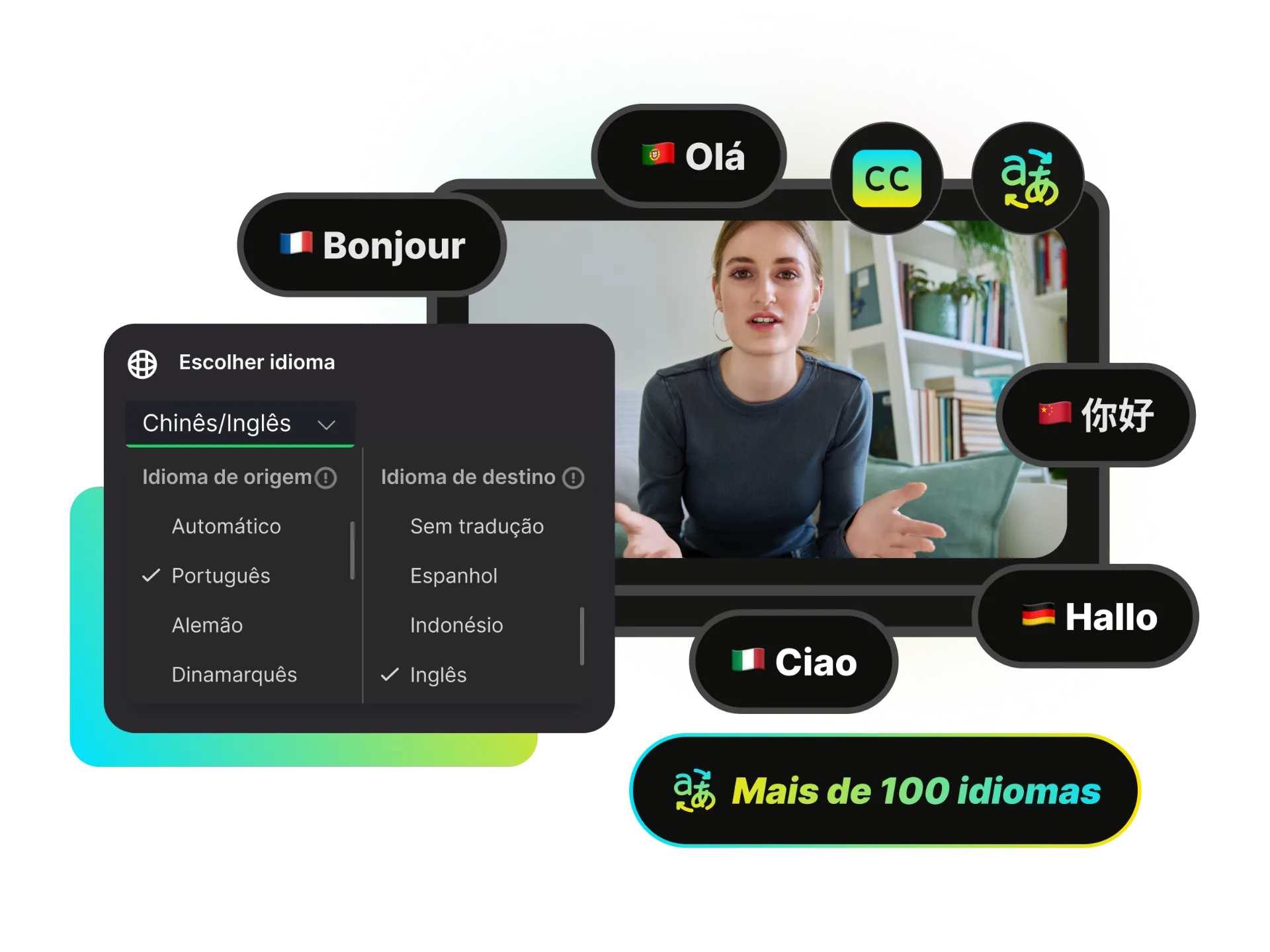 Interface de vídeo mostrando legendas sendo traduzidas para múltiplos idiomas